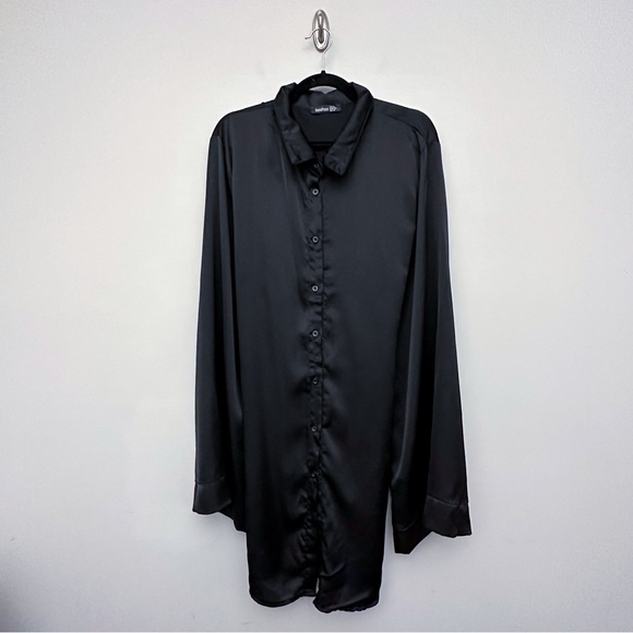 Boo Hoo Black Satin Button Down Shirt Dress - Picture 5 of 7
